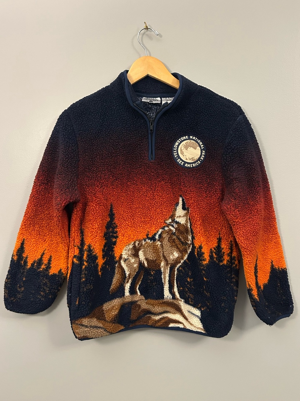 Kids Navy & Orange Wolf Sherpa Pullover - Yellowstone Patch 10/12 Cozy Comfy